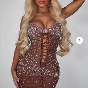 Fashion Nova Brown Rhinestone Mini Dress
